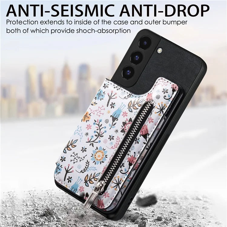 D10 For Samsung Galaxy S22+ 5G TPU+Leather Cover Pattern Printed Retro Phone Protective Case