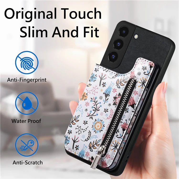 D10 For Samsung Galaxy S22+ 5G TPU+Leather Cover Pattern Printed Retro Phone Protective Case