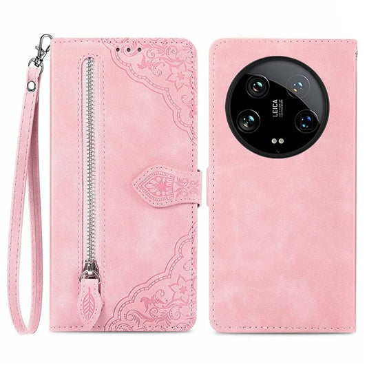 For Xiaomi 14 Ultra Case Flower Imprinted Zipper Pocket Leather Phone Cover