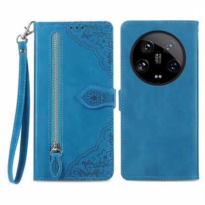 For Xiaomi 14 Ultra Case Flower Imprinted Zipper Pocket Leather Phone Cover