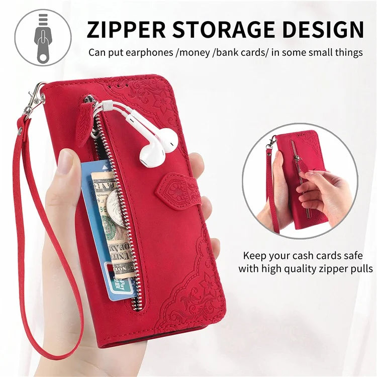 For Xiaomi 14 Ultra Case Flower Imprinted Zipper Pocket Leather Phone Cover