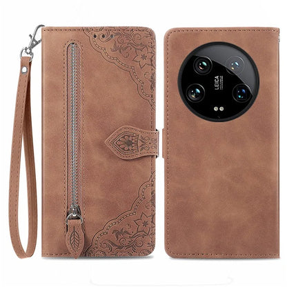 For Xiaomi 14 Ultra Case Flower Imprinted Zipper Pocket Leather Phone Cover