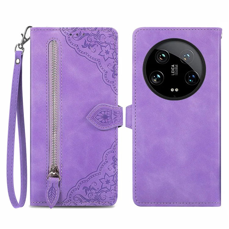 For Xiaomi 14 Ultra Case Flower Imprinted Zipper Pocket Leather Phone Cover