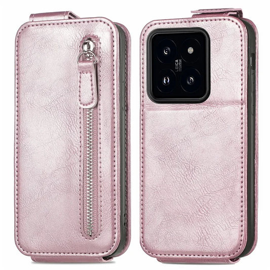 For Xiaomi 14 Pro Case Vertical Flip PU Leather Wallet Phone Cover with Zipper Pocket