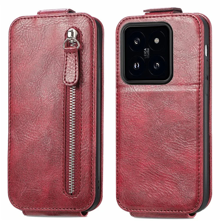 For Xiaomi 14 Pro Case Vertical Flip PU Leather Wallet Phone Cover with Zipper Pocket