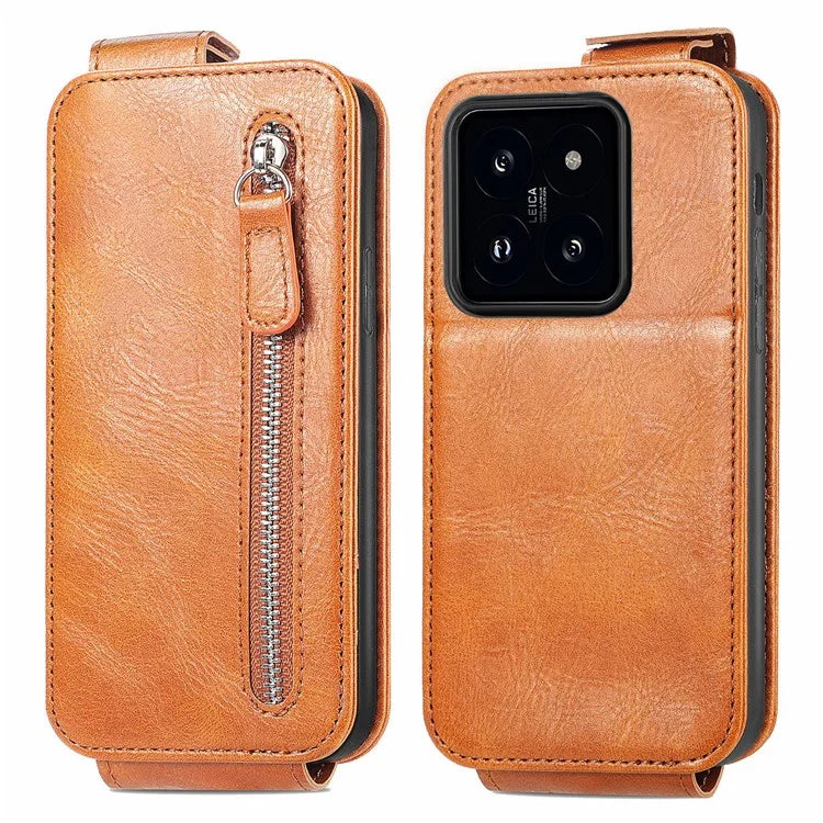 For Xiaomi 14 Pro Case Vertical Flip PU Leather Wallet Phone Cover with Zipper Pocket
