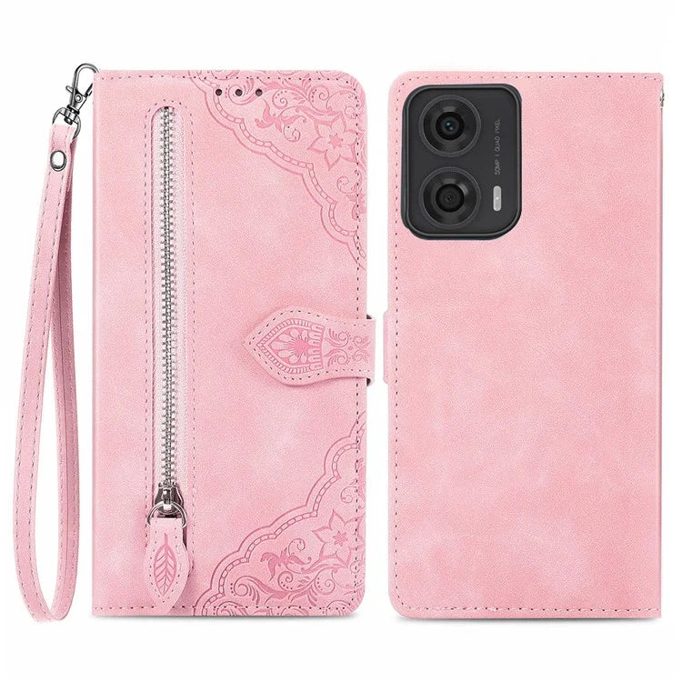 For Motorola Moto E14 4G / G04 4G / G04s 4G / G24 4G Case Flower Zipper Pocket Leather Flip Protective Phone Cover