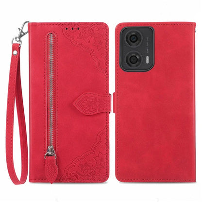 For Motorola Moto E14 4G / G04 4G / G04s 4G / G24 4G Case Flower Zipper Pocket Leather Flip Protective Phone Cover