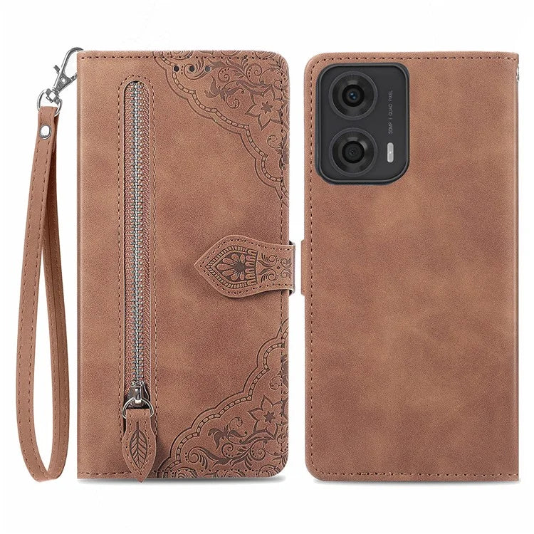 For Motorola Moto E14 4G / G04 4G / G04s 4G / G24 4G Case Flower Zipper Pocket Leather Flip Protective Phone Cover