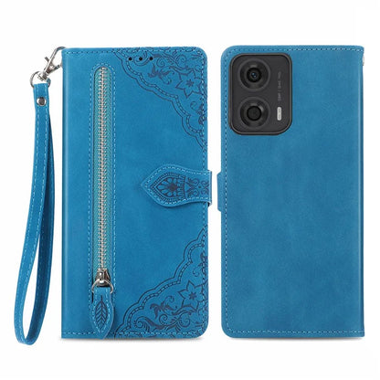 For Motorola Moto E14 4G / G04 4G / G04s 4G / G24 4G Case Flower Zipper Pocket Leather Flip Protective Phone Cover