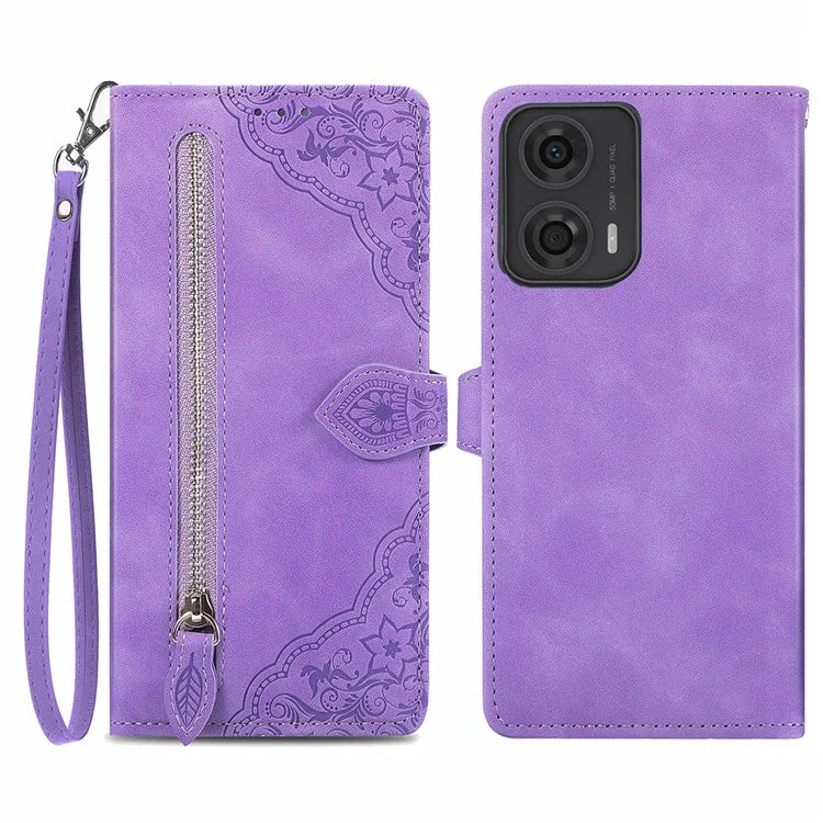 For Motorola Moto E14 4G / G04 4G / G04s 4G / G24 4G Case Flower Zipper Pocket Leather Flip Protective Phone Cover