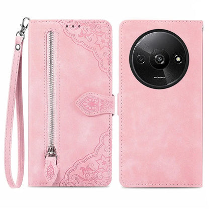 For Xiaomi Redmi A3 / Poco C61 4G Case Zipper Wallet Flower Imprinted Phone Stand Cover