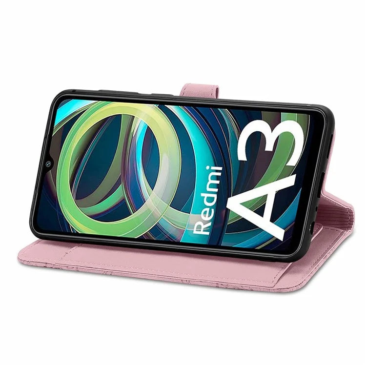For Xiaomi Redmi A3 / Poco C61 4G Case Zipper Wallet Flower Imprinted Phone Stand Cover