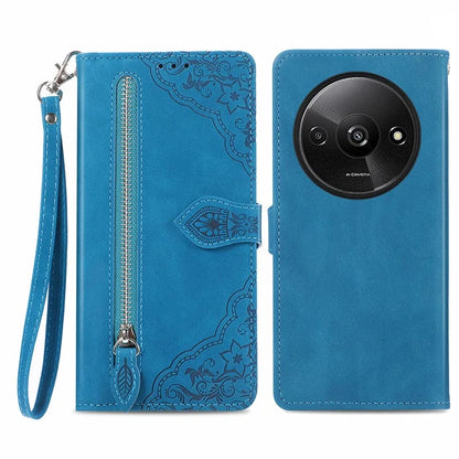 For Xiaomi Redmi A3 / Poco C61 4G Case Zipper Wallet Flower Imprinted Phone Stand Cover