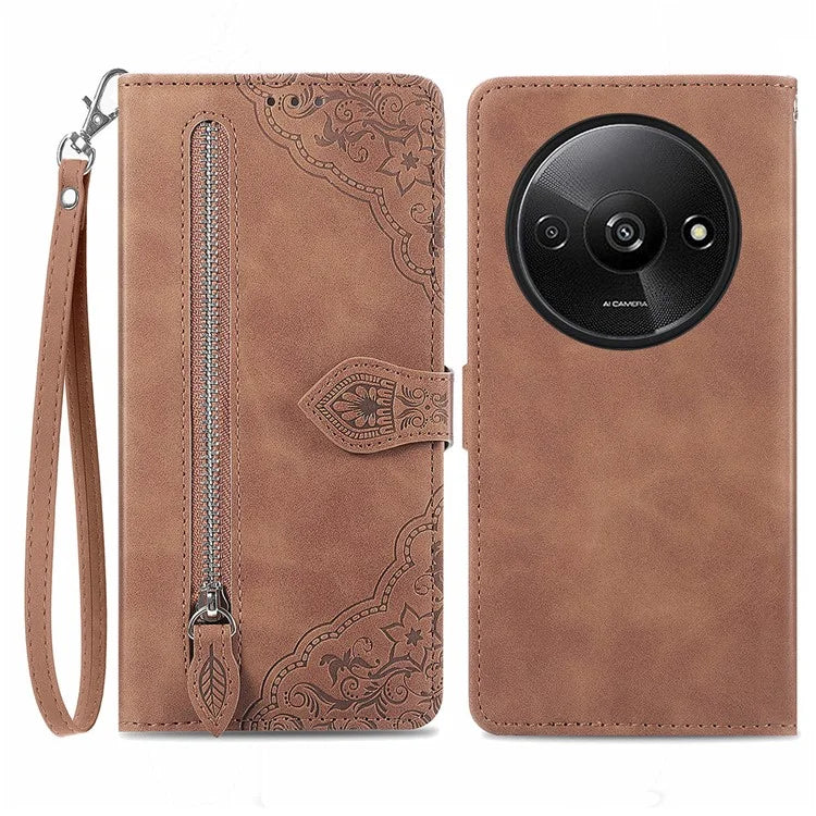 For Xiaomi Redmi A3 / Poco C61 4G Case Zipper Wallet Flower Imprinted Phone Stand Cover