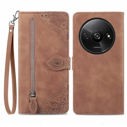 For Xiaomi Redmi A3 / Poco C61 4G Case Zipper Wallet Flower Imprinted Phone Stand Cover