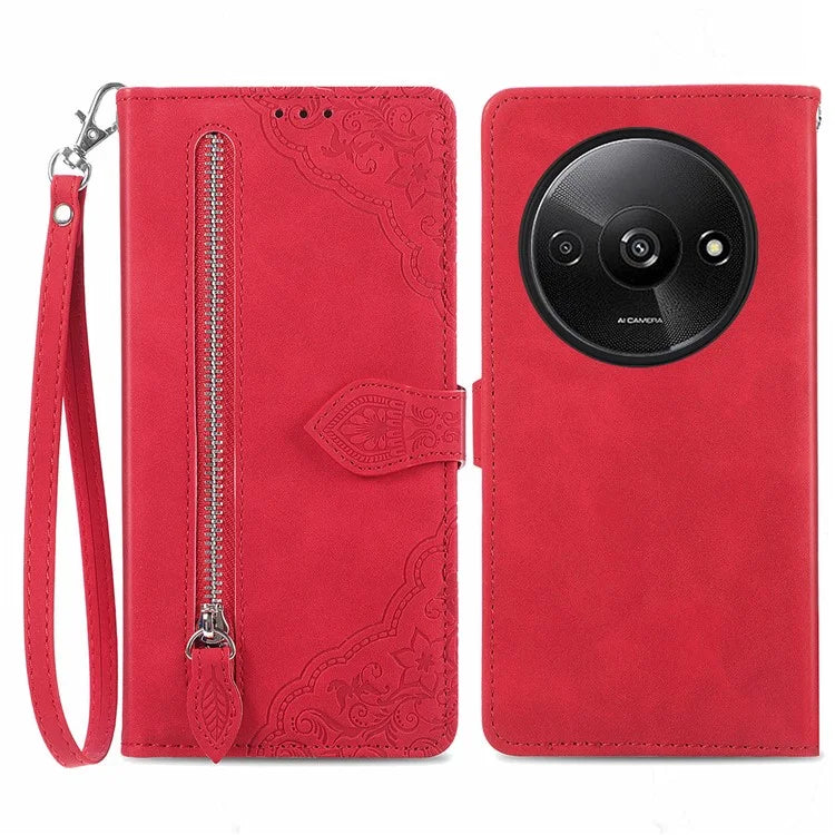 For Xiaomi Redmi A3 / Poco C61 4G Case Zipper Wallet Flower Imprinted Phone Stand Cover