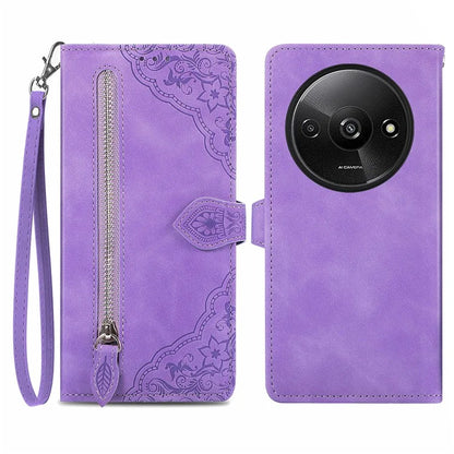For Xiaomi Redmi A3 / Poco C61 4G Case Zipper Wallet Flower Imprinted Phone Stand Cover