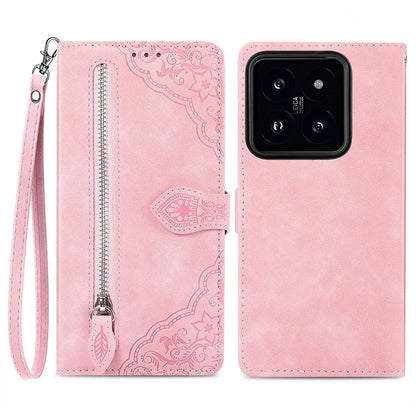 For Xiaomi 14 Pro Case Zipper Wallet PU Leather Phone Stand Cover Flower Imprinted