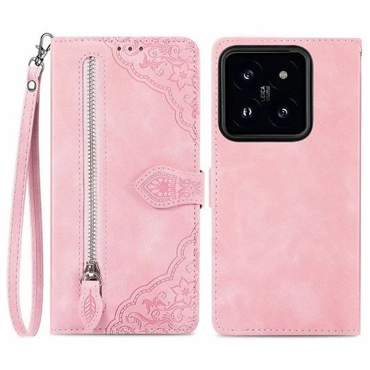 For Xiaomi 14 Pro Case Zipper Wallet PU Leather Phone Stand Cover Flower Imprinted