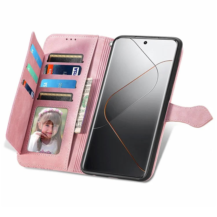 For Xiaomi 14 Pro Case Zipper Wallet PU Leather Phone Stand Cover Flower Imprinted