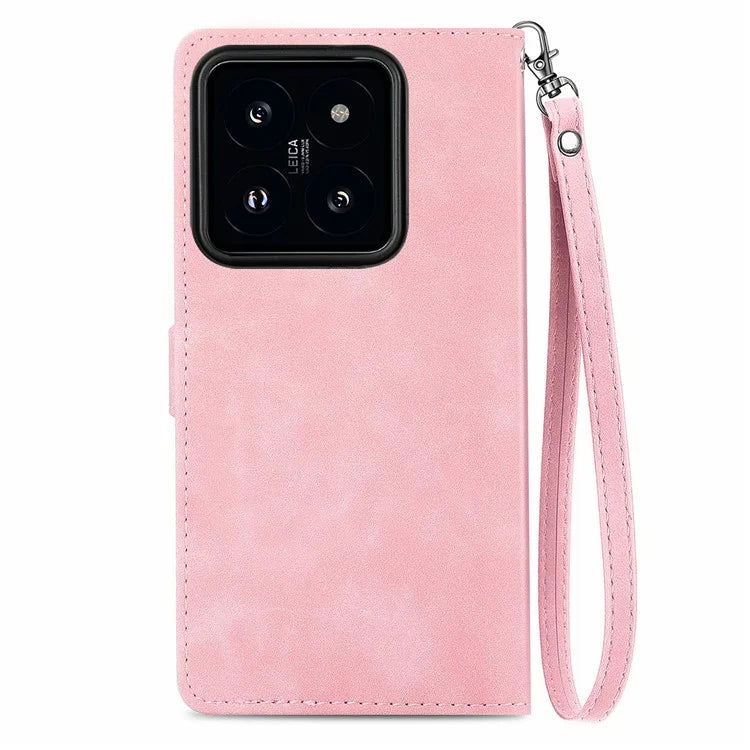 For Xiaomi 14 Pro Case Zipper Wallet PU Leather Phone Stand Cover Flower Imprinted