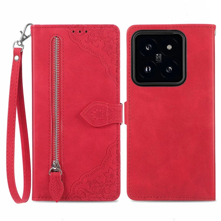 For Xiaomi 14 Pro Case Zipper Wallet PU Leather Phone Stand Cover Flower Imprinted