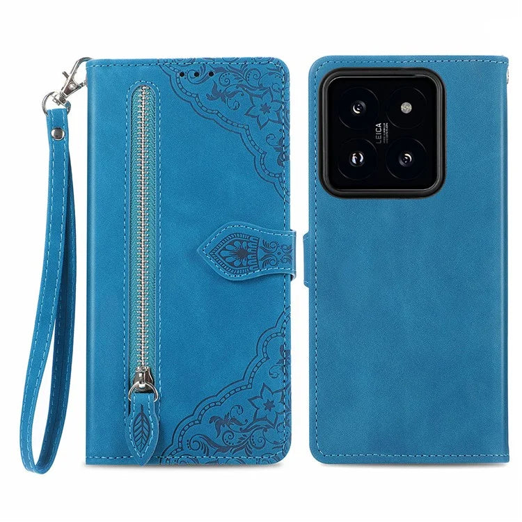 For Xiaomi 14 Pro Case Zipper Wallet PU Leather Phone Stand Cover Flower Imprinted