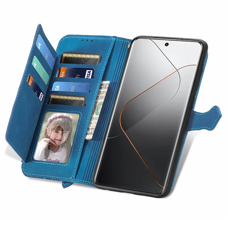 For Xiaomi 14 Pro Case Zipper Wallet PU Leather Phone Stand Cover Flower Imprinted