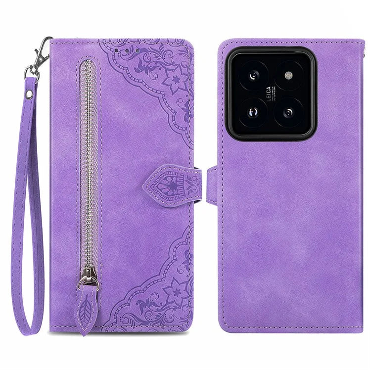 For Xiaomi 14 Pro Case Zipper Wallet PU Leather Phone Stand Cover Flower Imprinted