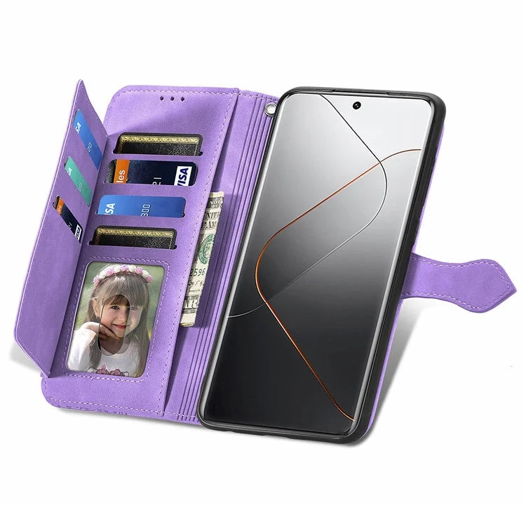 For Xiaomi 14 Pro Case Zipper Wallet PU Leather Phone Stand Cover Flower Imprinted