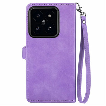 For Xiaomi 14 Pro Case Zipper Wallet PU Leather Phone Stand Cover Flower Imprinted