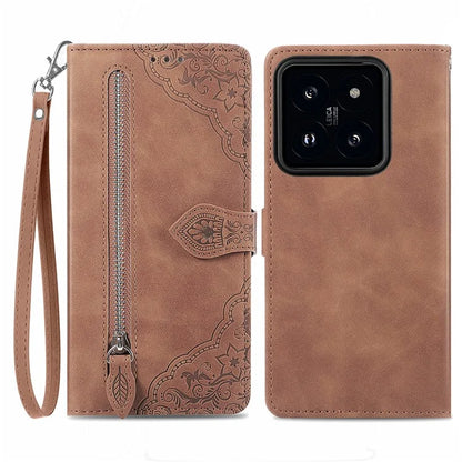 For Xiaomi 14 Pro Case Zipper Wallet PU Leather Phone Stand Cover Flower Imprinted