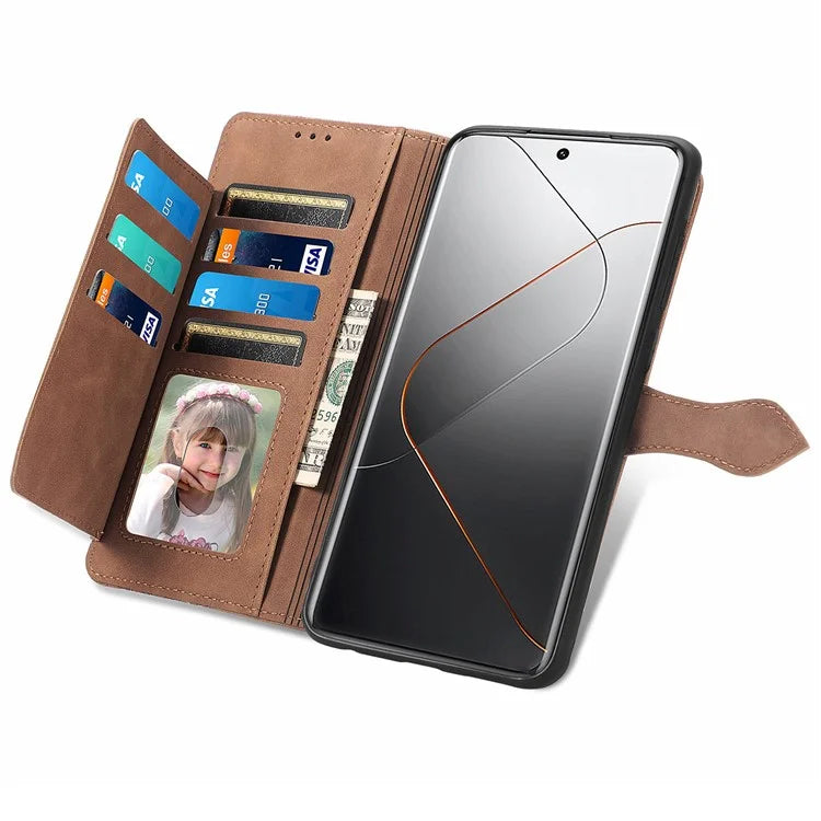 For Xiaomi 14 Pro Case Zipper Wallet PU Leather Phone Stand Cover Flower Imprinted