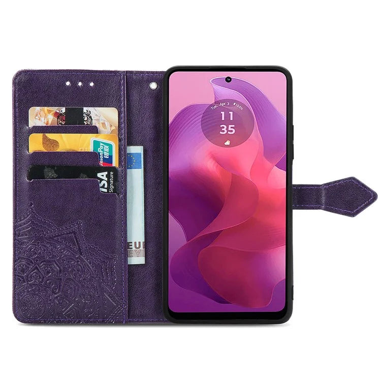 For Motorola Moto E14 4G / G04 4G / G04s 4G / G24 4G Card Slots Case PU Leather Embossed Phone Cover with Wallet