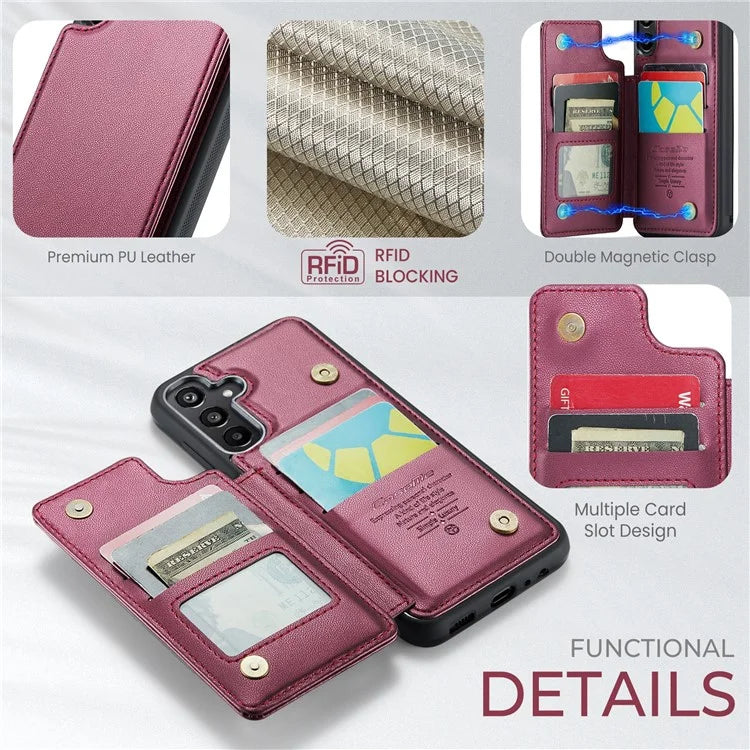 CASEME C22 Series For Samsung Galaxy A15 4G / 5G Case Leather RFID Blocking 5 Card Slots Kickstand Back Cover