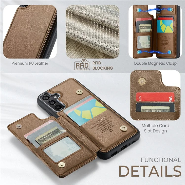 CASEME C22 Series For Samsung Galaxy A15 4G / 5G Case Leather RFID Blocking 5 Card Slots Kickstand Back Cover