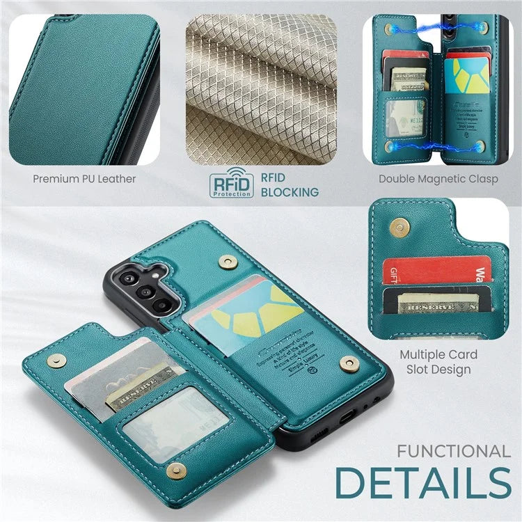 CASEME C22 Series For Samsung Galaxy A15 4G / 5G Case Leather RFID Blocking 5 Card Slots Kickstand Back Cover