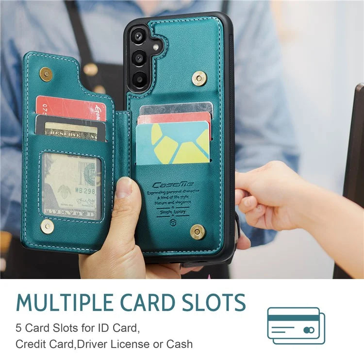 CASEME C22 Series For Samsung Galaxy A15 4G / 5G Case Leather RFID Blocking 5 Card Slots Kickstand Back Cover