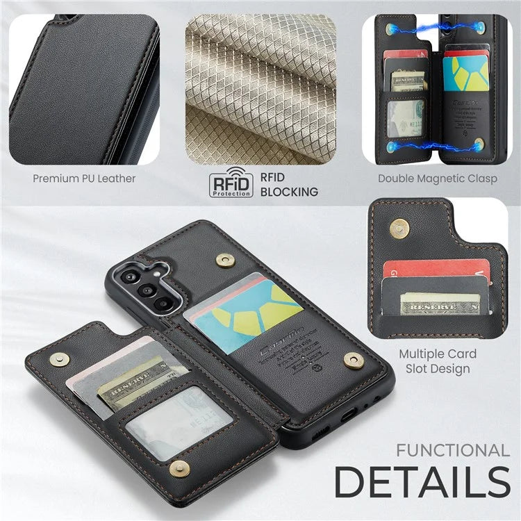 CASEME C22 Series For Samsung Galaxy A15 4G / 5G Case Leather RFID Blocking 5 Card Slots Kickstand Back Cover
