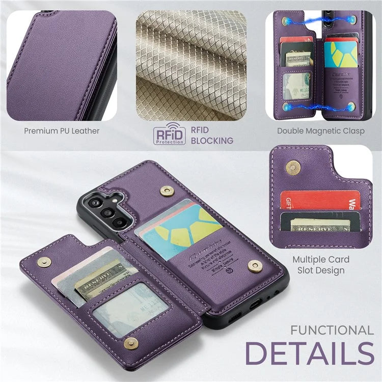 CASEME C22 Series For Samsung Galaxy A15 4G / 5G Case Leather RFID Blocking 5 Card Slots Kickstand Back Cover