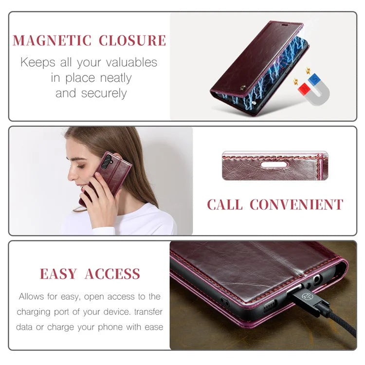 CASEME 003 Series For Samsung Galaxy A15 4G / 5G Leather Case Waxy Crazy Horse Texture Phone Wallet Cover