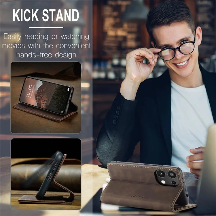 CASEME 013 Series For Xiaomi Redmi Note 13 4G Leather Cover Card Holder Phone Stand