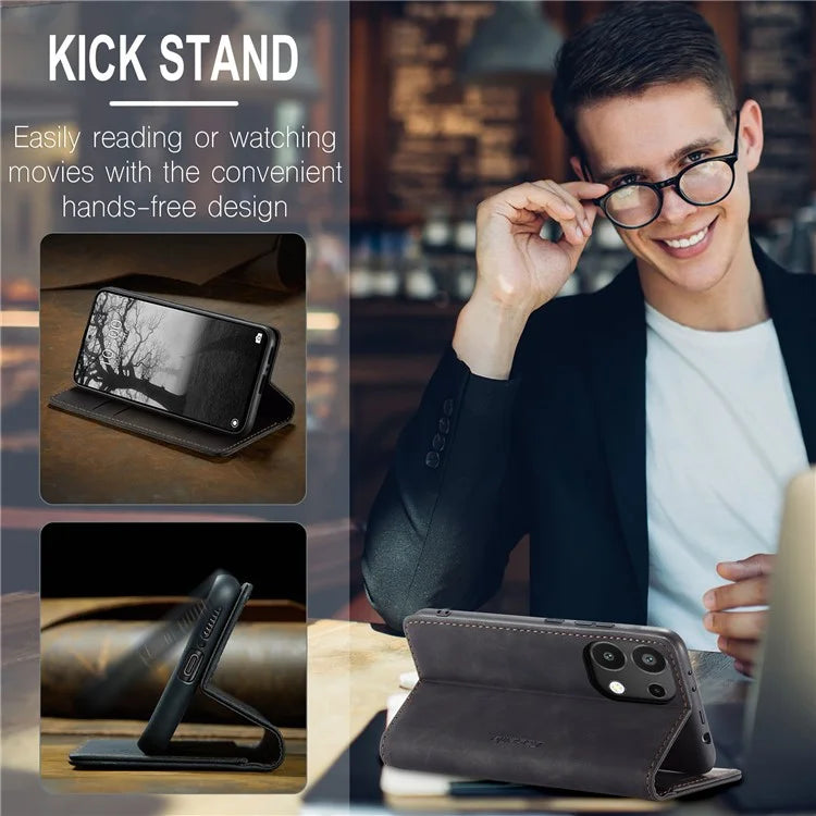 CASEME 013 Series For Xiaomi Redmi Note 13 4G Leather Cover Card Holder Phone Stand