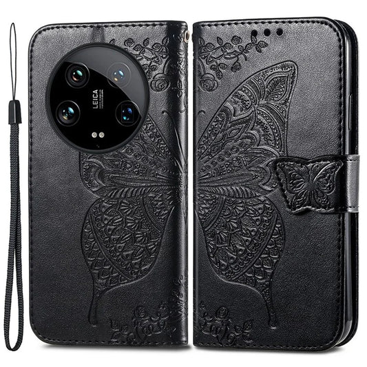 For Xiaomi 14 Ultra PU Leather Case Imprint Butterfly Flower Phone Cover
