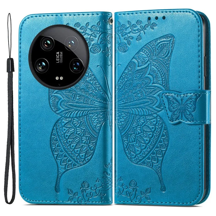 For Xiaomi 14 Ultra PU Leather Case Imprint Butterfly Flower Phone Cover