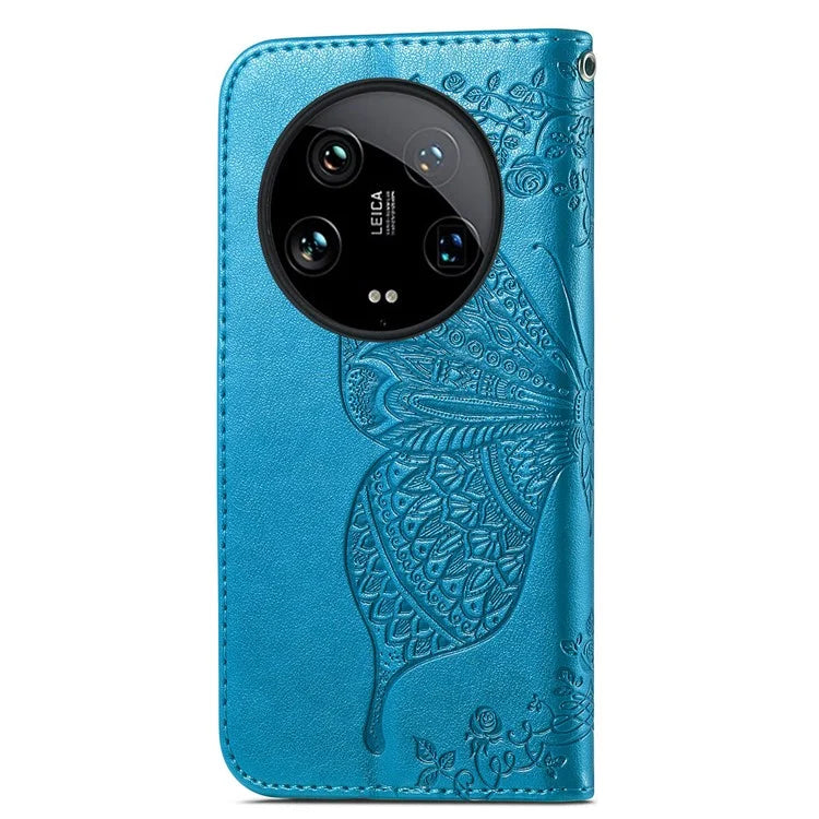 For Xiaomi 14 Ultra PU Leather Case Imprint Butterfly Flower Phone Cover