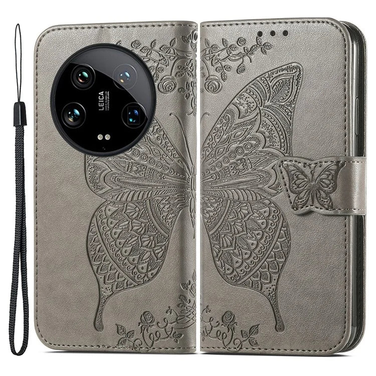 For Xiaomi 14 Ultra PU Leather Case Imprint Butterfly Flower Phone Cover