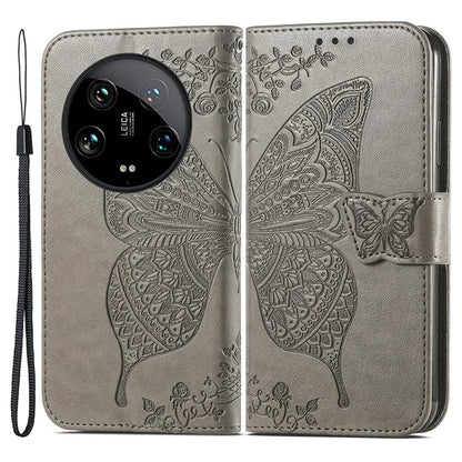 For Xiaomi 14 Ultra PU Leather Case Imprint Butterfly Flower Phone Cover