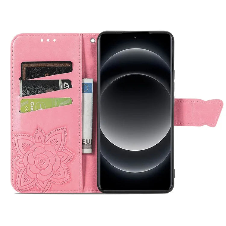 For Xiaomi 14 Ultra PU Leather Case Imprint Butterfly Flower Phone Cover